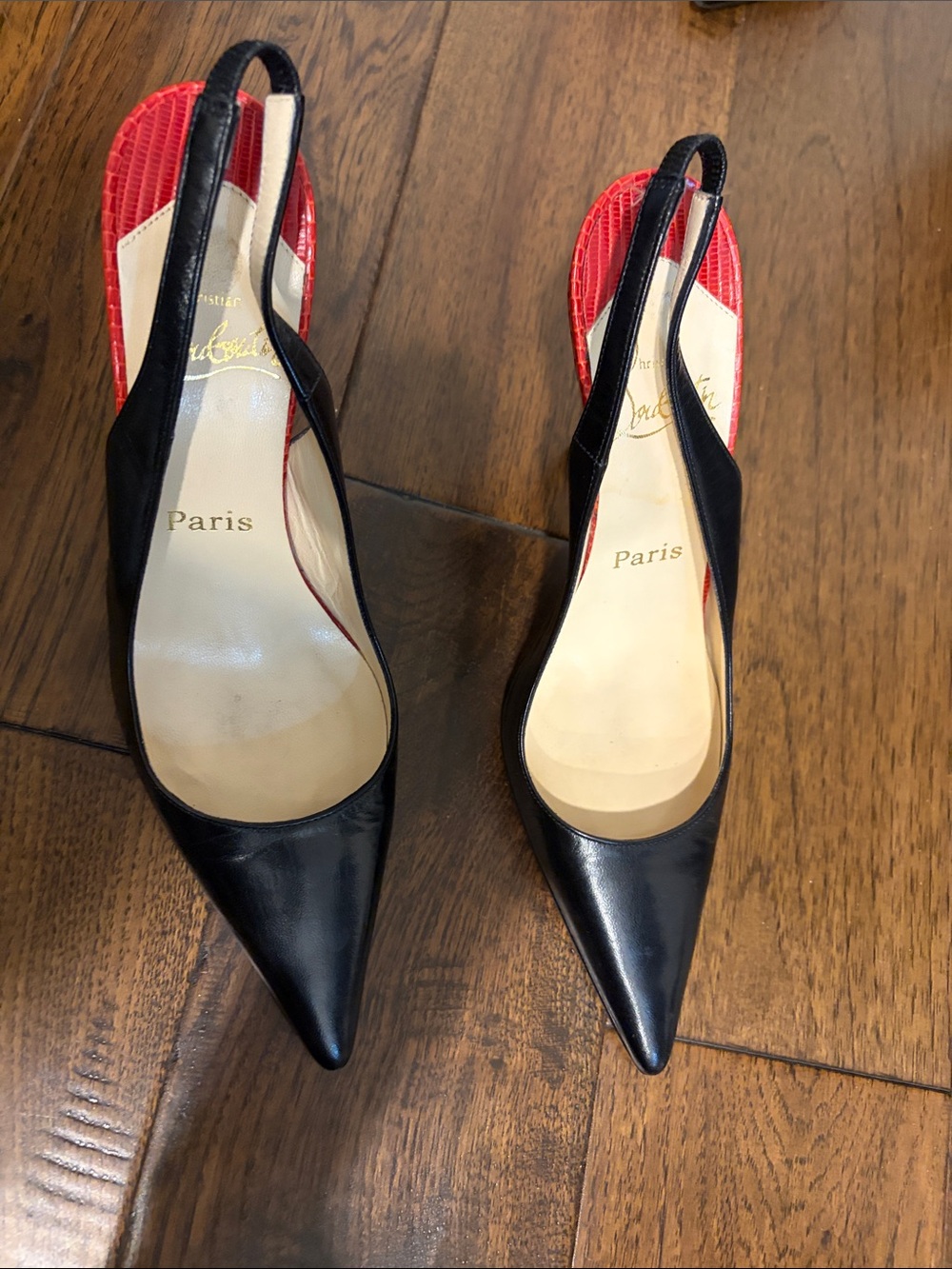 Christian Louboutin Black Leather Slingback Pumps with Red Accent